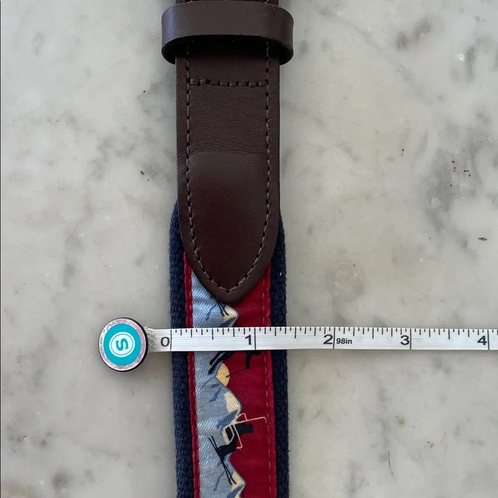 VINEYARD VINES Men's Ski Print Blue Brown Leather Canvas Belt Gold Buckle 30